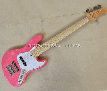 5-Струнная блестящая розовая электрическая бас-гитара с кленовым грифом, 22 лады, могут быть настроены по индивидуальному заказу