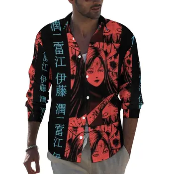 Повседневные рубашки Junji Ito, мужская рубашка с японским мультфильмом ужасов, модные блузки в стиле харадзюку, весенняя графическая одежда, большие размеры