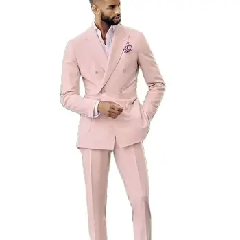 Розовые официальные мужские костюмы, комплекты, приталенный блейзер, брюки, Двубортный смокинг, одежда для свадебной вечеринки, мужская одежда, куртка, сшитая на заказ