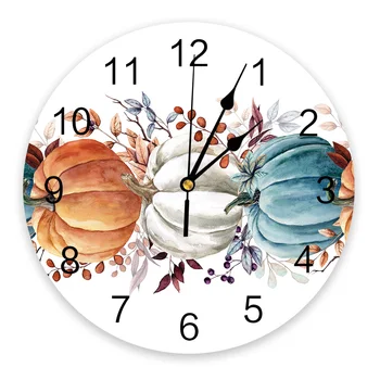 Настенные часы с тыквой и листьями эвкалипта на День Благодарения, большие современные кухонные Круглые настенные часы для столовой, Бесшумные Подвесные часы для спальни