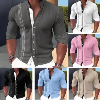 Повседневная льняная мужская рубашка контрастного цвета, осенний воротник-стойка на пуговицах, Тонкие Элегантные офисные топы с длинными рукавами для джентльменов, мужская одежда