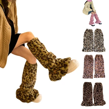 Леопардовая грелка для ног, плюшевые пушистые зимние носки Harajuku с рюшами
