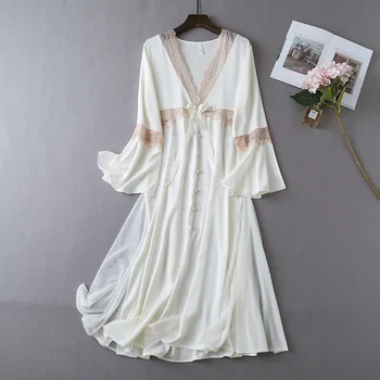 Кружевная ночная рубашка с V-образным вырезом, пижамы, домашний халат в придворном стиле, женский халат с длинным рукавом, атласное ночное платье, одежда для отдыха