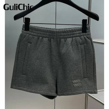 9,9 Женские зимние спортивные повседневные серые шорты с толстым карманом на молнии с буквами GuliChic